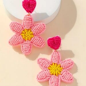 Pink and Yellow‎ Beaded Flower Earrings
